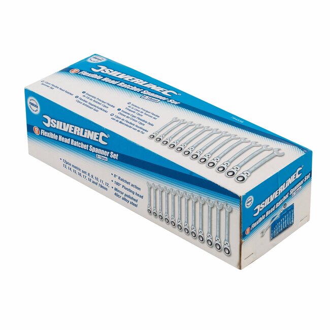 Silverline ringratelsleutelset - chroom-vanadiumstaal - kantelkop 180°, 5° ratel - 8-19 mm - zilver - 12-delig - krappe ruimtes