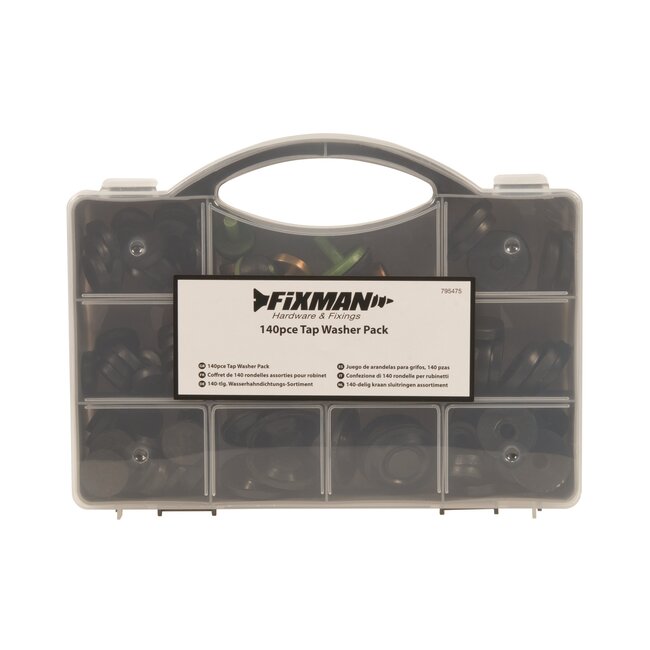 Fixman Kraanschijven assortiment - rubber - reparatie - 3/8" t/m 3/4" - zwart - 146-delig - voor kranen - met opbergkoffer