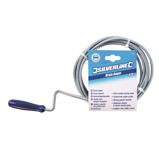 Silverline Ontstoppingsveer - verzinkt veerstaal - kurkentrekker-uiteinde - 300 cm - zilvergrijs - voor afvoerleidingen