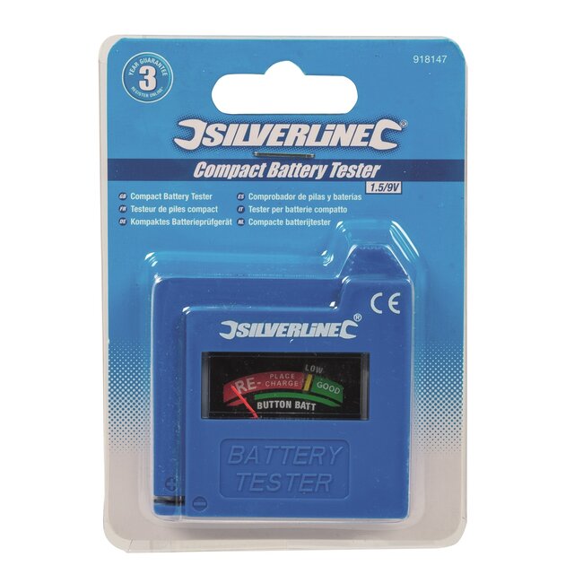 Silverline Batterijtester - kunststof - analoog afleesvenster, 1,5 tot 9 volt - zwart - voor AAA, AA, C, D, 9V en knoopcel