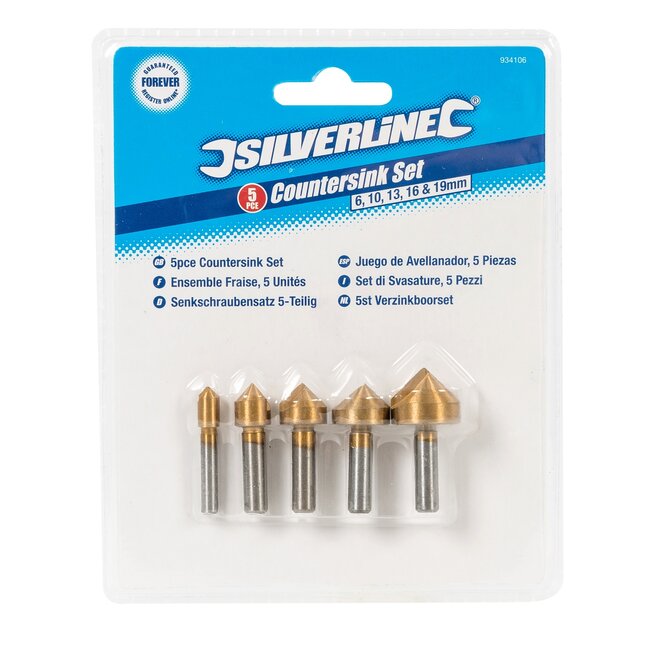 Silverline Verzinkboorset - koolstofstaal met titaniumlaag - 6 t/m 19 mm - goudkleurig - 5-delig - hout, kunststof, aluminium