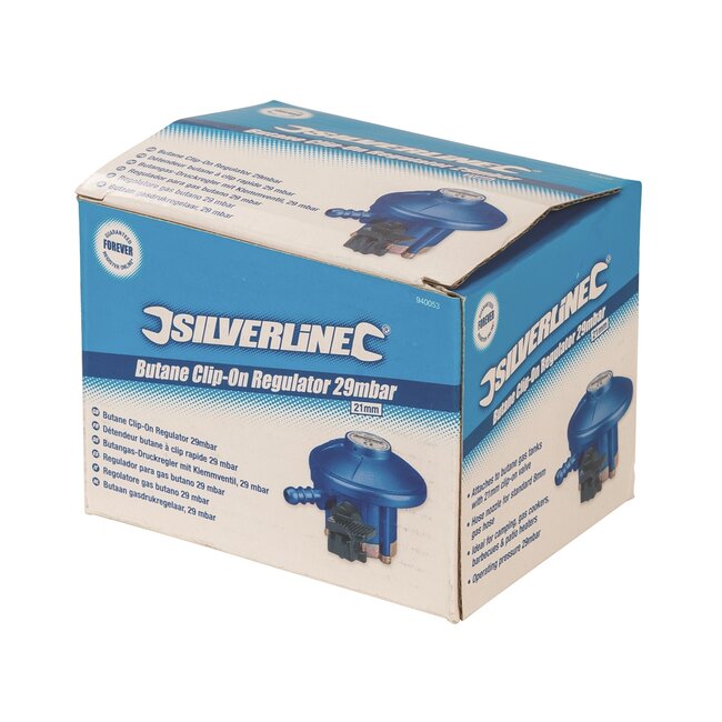 Silverline Butaan gasdrukregelaar - 29 mbar - 21 mm klemventiel - ideaal voor kamperen en barbecues