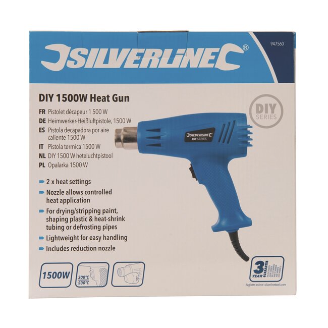 Silverline heteluchtpistool verfafbrander 1500 W - 2 hittestanden 300-500°C, 0,6 kg, met reductiekop - verf verwijderen en krimpen