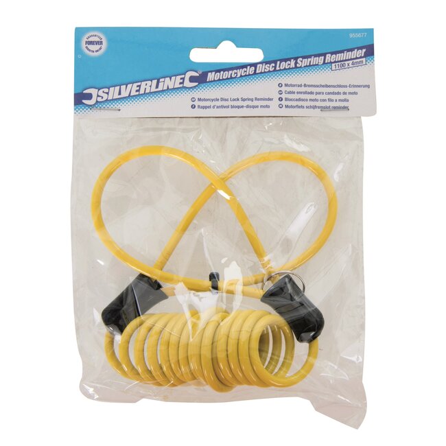 Silverline schijfremslot herinneringskabel - kunststof gecoat - diefstalwerend - 110 cm x 4 mm - felgeel - motorfiets en scooter