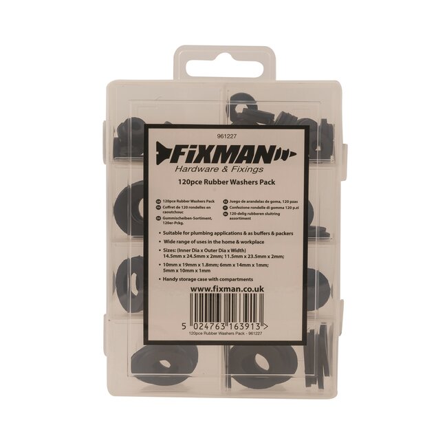 Fixman Sluitringen assortimentsdoos - rubber - afdichting - maten 5-24,5 mm - zwart - 120 stuks - loodgieterij en klussen