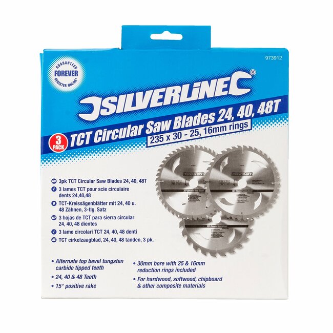Silverline Cirkelzaagbladenset - hardmetaal - snel zagen - 235 mm - zilver - 3 stuks - met verloopringen - voor hout en spaanplaat