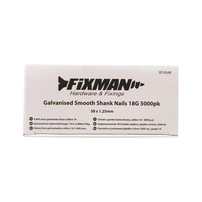 Fixman Gegalvaniseerde tacker spijkers - 18 gauge - gladde schacht - 38 mm - 5000 stuks