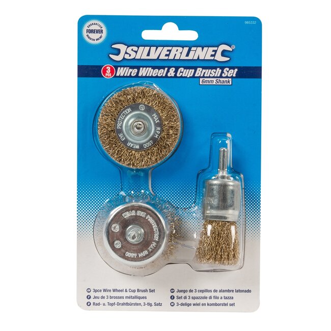 Silverline Draadborstelset voor boormachine - staaldraad - roest verwijderen en las voorbereiden - Ø 25-50 mm - messing - 3-delig