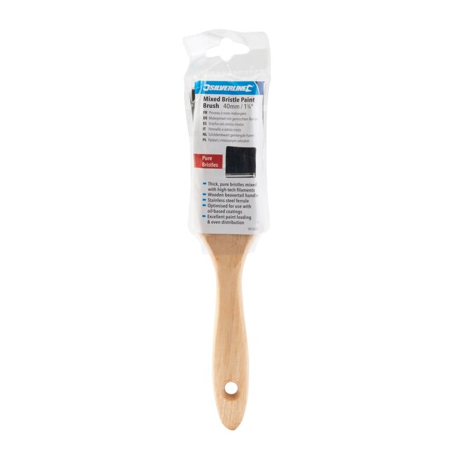 Silverline schilderskwast 40 mm - varkensharen vezelmix - gelakt houten handvat - rvs bus - zwarte haren - voor water- en olieverf