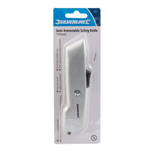 Silverline veiligheids-stanleymes - zinklegering - automatisch intrekbaar met neusvergrendeling - 140 mm - grijs - voor snijklussen
