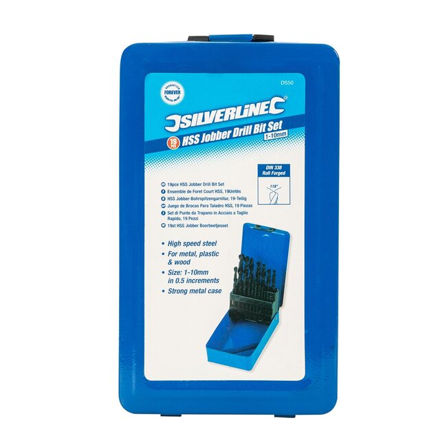 Silverline Metaalborenset - HSS-R sneldraaistaal - Ø 1-10 mm - zwart - 19-delig - voor metaal, hout en kunststof