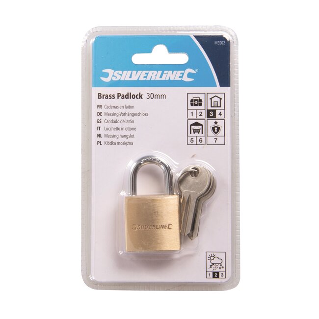 Silverline hangslot met stiftcilinder - messing - 30 mm - geharde stalen beugel - messingkleurig - 3 sleutels - schuur en poort