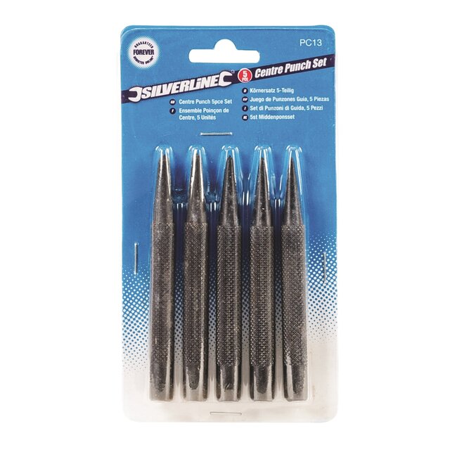 Silverline Priemenset gehard staal - 80-100 mm - staalkleurig - 5-delig - precies markeren en voorprikken in hout, leer, metaal