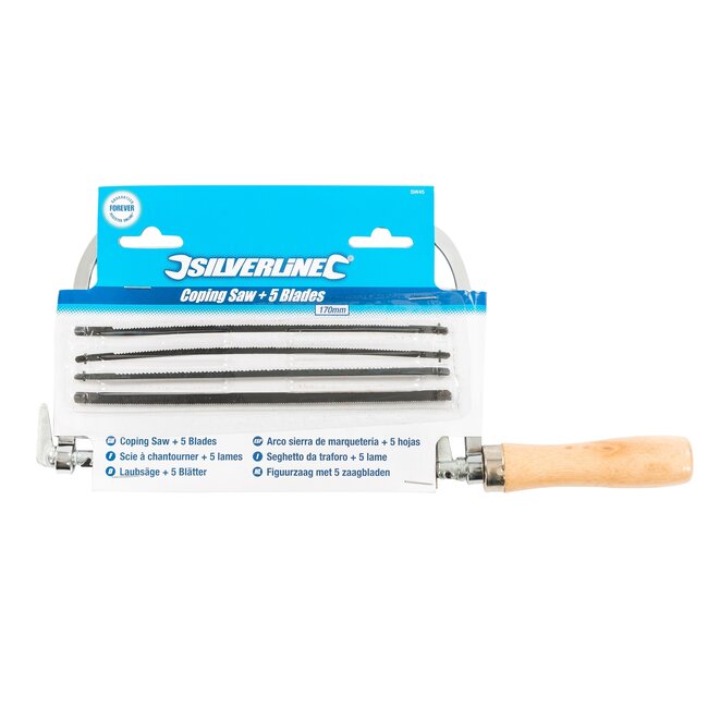 Silverline Figuurzaag - staal en hout - 360 graden verstelbare bladhoek - 170 mm - houtkleur - 5 bladen - voor hout en kunststof