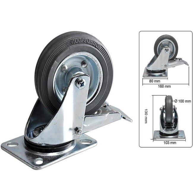 Benson Zwenkwiel - 100 mm - Met rem - Massief rubber - Max. belasting 70 kg