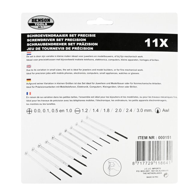 Benson Precisie schroevendraaierset - 11-delig - met opbergdoos - ideaal voor elektronica en horloges