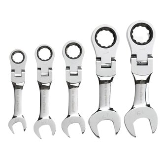 Dragon-Tools ratel steek-ringsleutelset - verchroomd staal - knikbaar 90° extra kort - 10-19 mm - zilver - 5-delig - krappe ruimtes