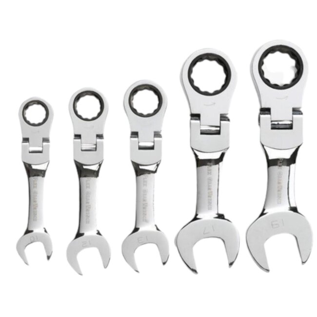 Dragon-Tools ratel steek-ringsleutelset - verchroomd staal - knikbaar 90° extra kort - 10-19 mm - zilver - 5-delig - krappe ruimtes