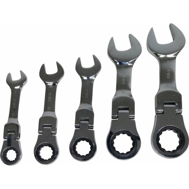 Dragon-Tools ratel steek-ringsleutelset - verchroomd staal - knikbaar 90° extra kort - 10-19 mm - zilver - 5-delig - krappe ruimtes