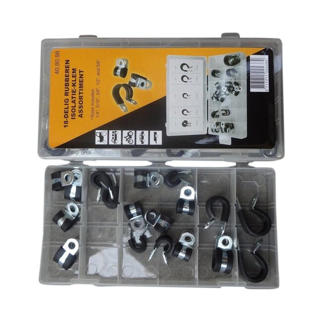 Dragon-Tools leidingklemmen assortimentsdoos - metaal met rubber - p-clip - 6-16 mm - zwart - 18 stuks - voor kabels en leidingen