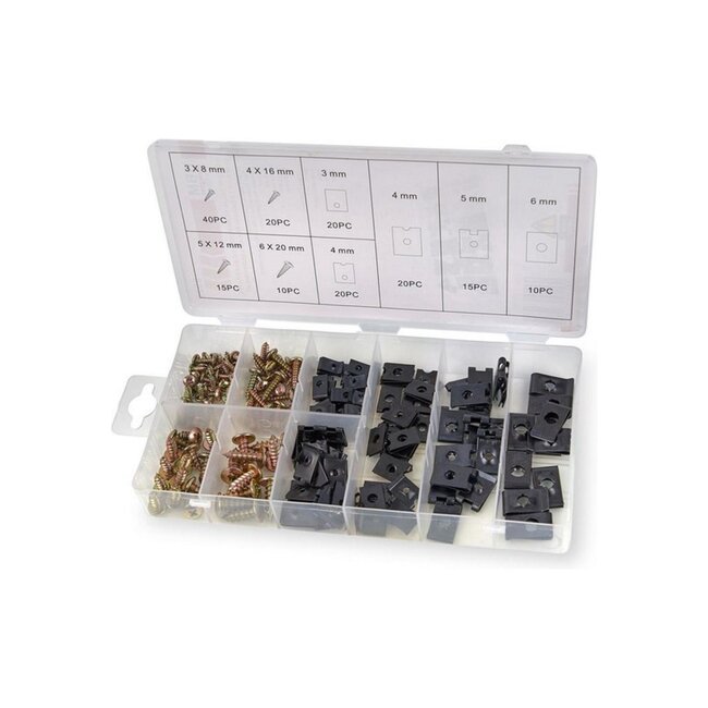 Dragon-Tools Assortiment parkers en u-clips - verzinkt staal - zelftappend - M3-M6, 8-20 mm - zilverkleurig - 170-delig - plaatwerk