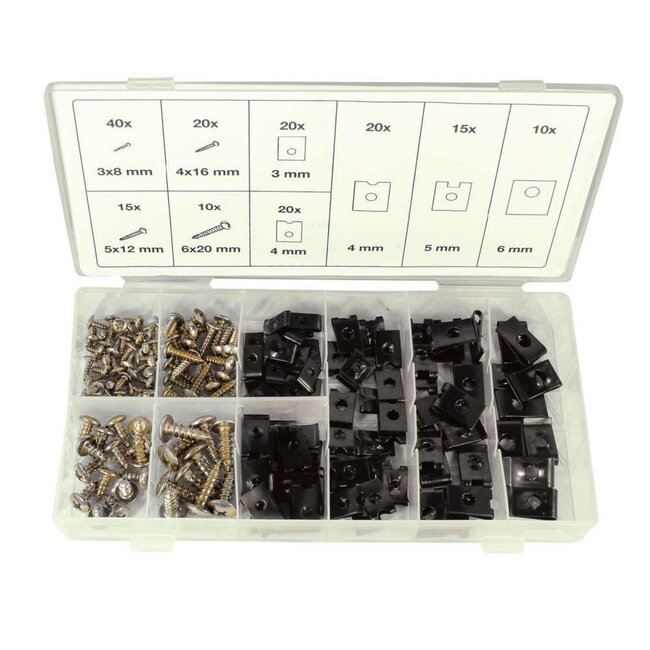 Dragon-Tools Assortiment parkers en u-clips - verzinkt staal - zelftappend - M3-M6, 8-20 mm - zilverkleurig - 170-delig - plaatwerk