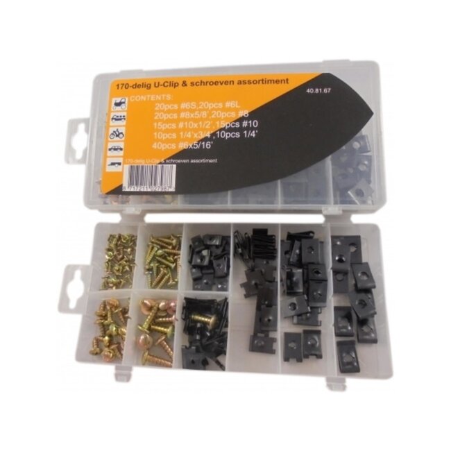 Dragon-Tools Assortiment parkers en u-clips - verzinkt staal - zelftappend - M3-M6, 8-20 mm - zilverkleurig - 170-delig - plaatwerk