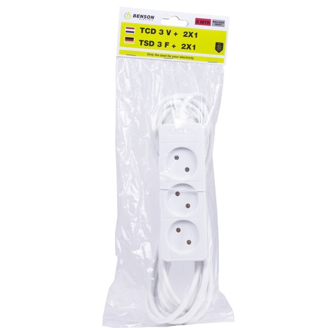 Benson Stekkerdoos - 3 contactdozen - 5 meter snoer - wit - CE en kEMA-keur