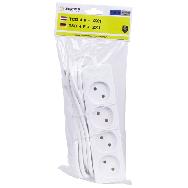 Benson Stekkerdoos - 4 aansluitpunten - 3 meter snoer - Wit