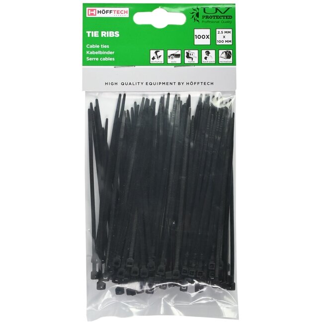Hofftech Zwarte nylon kabelbinders - UV-bestendig - 2,5 x 100 mm - 100 stuks