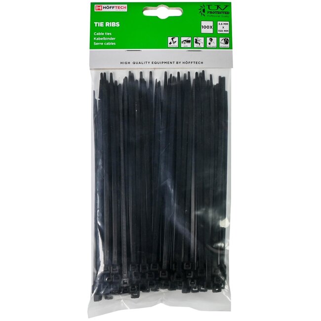Hofftech Kabelbinders - 3.6 x 150 mm - UV-bestendig - Zwart - 100 stuks