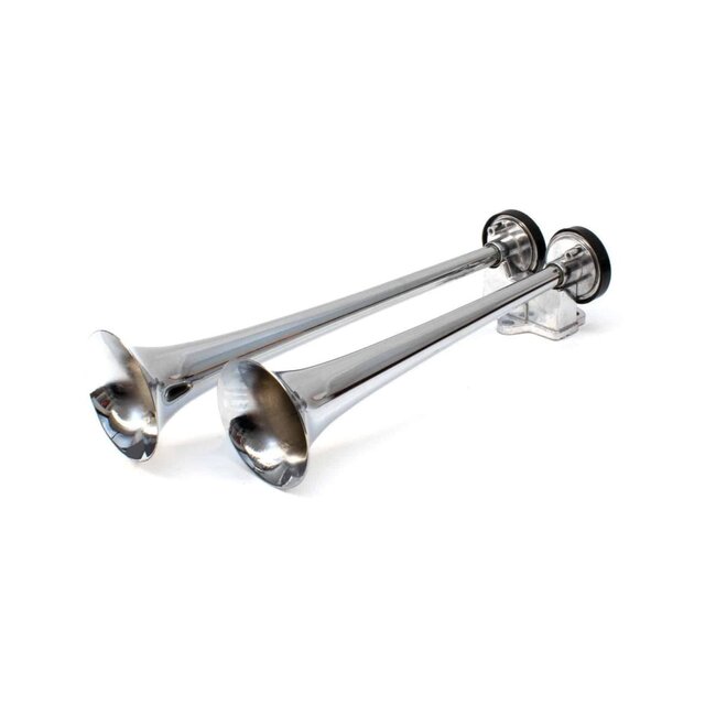 Dragon-Tools Luchthoornset - aluminium - 2-tonig met compressor en relais - 31 en 37 cm - chroom - 2 stuks - 12 volt voertuigen