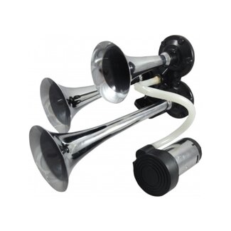 Dragon-Tools luchthoornset - aluminium - 3-tonig met 12V compressor - 30/23/17 cm - chroom - voor auto, vrachtwagen, tractor