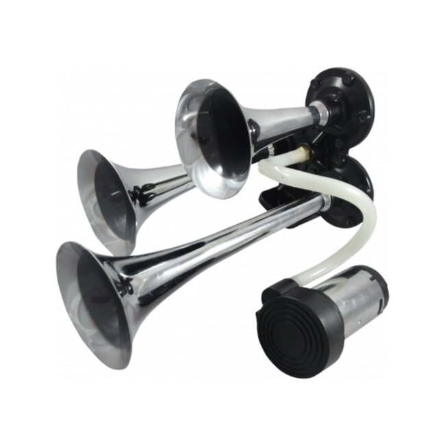 Dragon-Tools luchthoornset - aluminium - 3-tonig met 12V compressor - 30/23/17 cm - chroom - voor auto, vrachtwagen, tractor