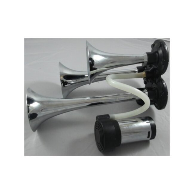 Dragon-Tools luchthoornset - aluminium - 3-tonig met 12V compressor - 30/23/17 cm - chroom - voor auto, vrachtwagen, tractor