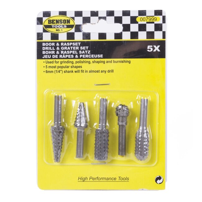 Benson 5-delige raspset - veelzijdig - hout, kunststof en zachte metalen - 6 mm as