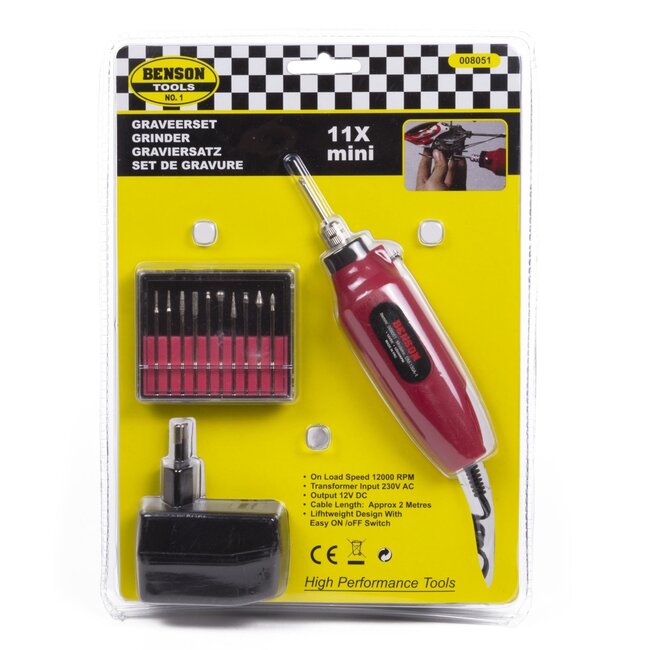 Benson Mini graveerset - 12000 rpm - 11-delig - 220/12 volt - glas, metaal, keramiek