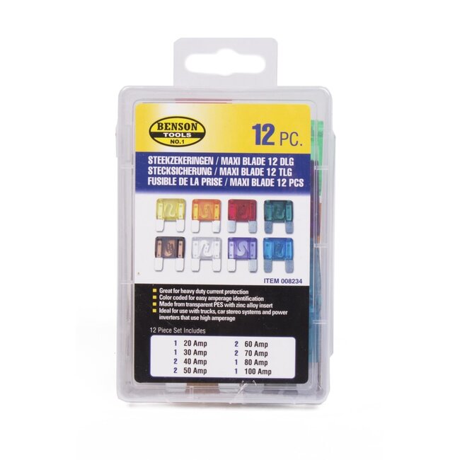 Benson Steekzekeringenset - Maxi - 20-100A - 12-delig - Kleurgecodeerd - Assortimentsbox