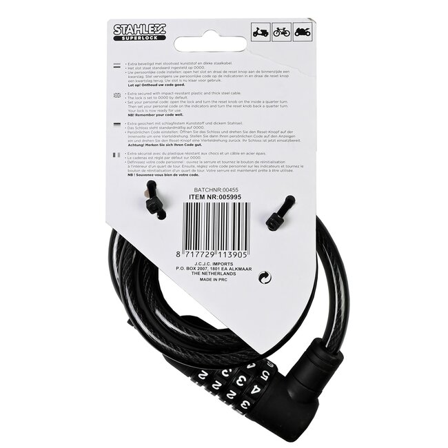 Stahlex Cijferslot - Fietsbeveiliging - Gehard Staal - 10 x 1000 mm - Zwart