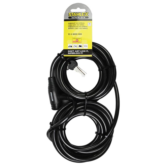 Stahlex Spiraal kabelslot - Ø 10mm x 8 meter - zwart - geplastificeerd - afgeschermd sleutelgat