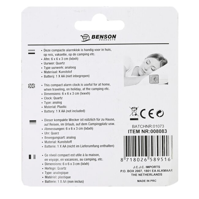 Benson Kleine reiswekker met alarm - compact - assorti kleuren - 6 x 5,5 x 3 cm