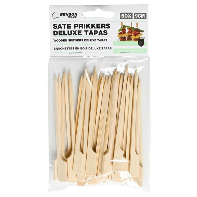 Benson Deluxe saté prikkers - hout - 9 cm - 50 stuks - wegwerpbaar