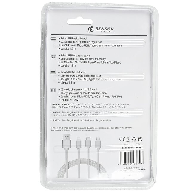 Benson Universele 3-in-1 oplaadkabel - USB-C, Micro-USB, Lightning - 1,2 meter - Grijs