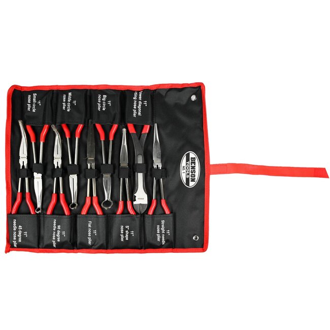 Benson Langneus tang set - 9-delig - met opbergetui - chroom-vanadiumstaal - zwart/rood