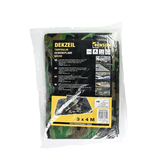 Benson Camouflage dekzeil - 3x4 meter - PE materiaal - 80 g/m² - aluminium ogen