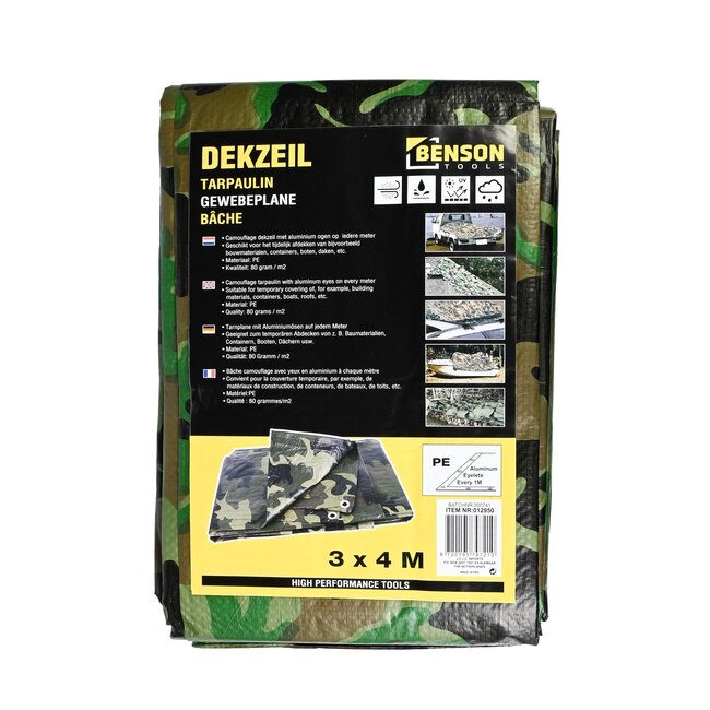 Benson Camouflage dekzeil - 3x4 meter - PE materiaal - 80 g/m² - aluminium ogen