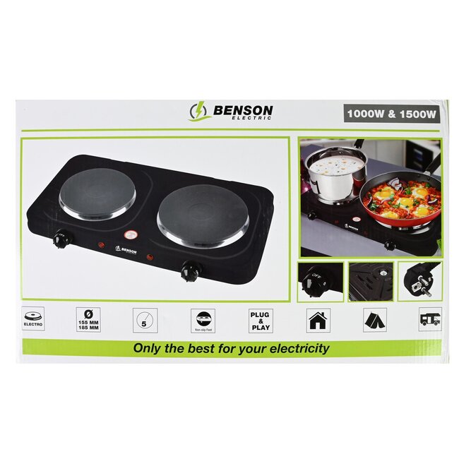 Benson Dubbele kookplaat - compact en krachtig - 1000/1500 watt - zwart
