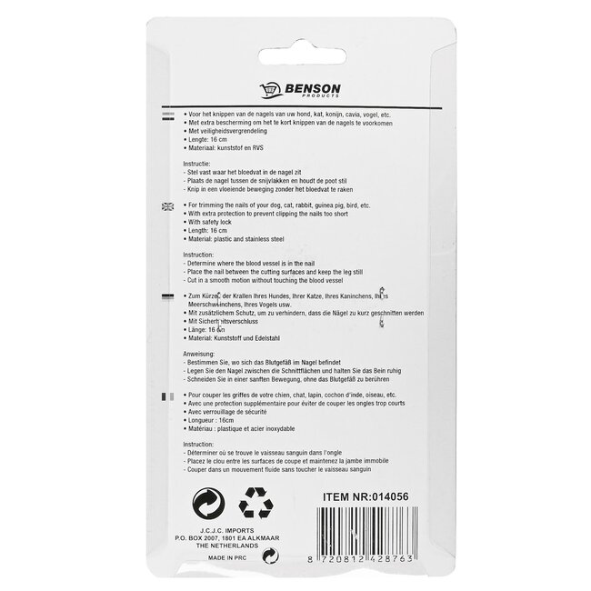Benson Nagelschaar voor huisdieren - Veiligheidsvergrendeling - 16 cm - Kunststof en roestvrij staal