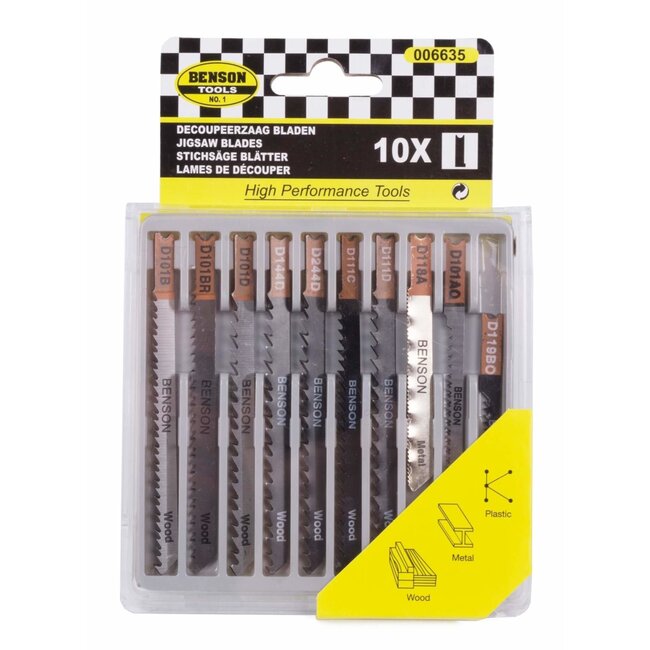 Benson Universele decoupeerzaagbladen - U-schacht - Hout, metaal en PVC - 10-delig - Inclusief opbergdoos
