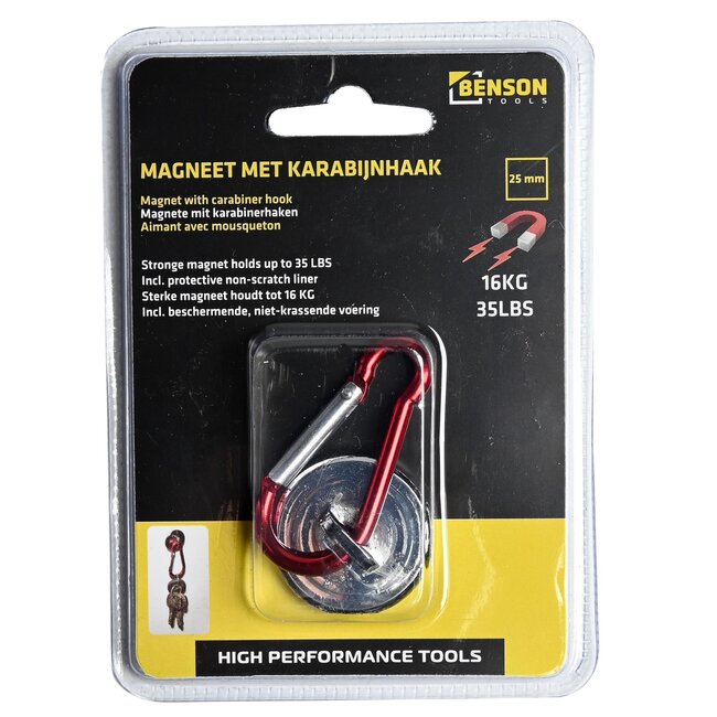 Benson Magneet met karabijnhaak - 25 mm - Anti-kras - 15 kg draagkracht
